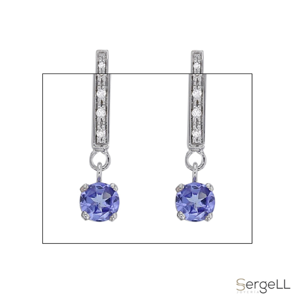 Pendientes de tanzanita azul-violeta natural con 10 diamantes blancos largos